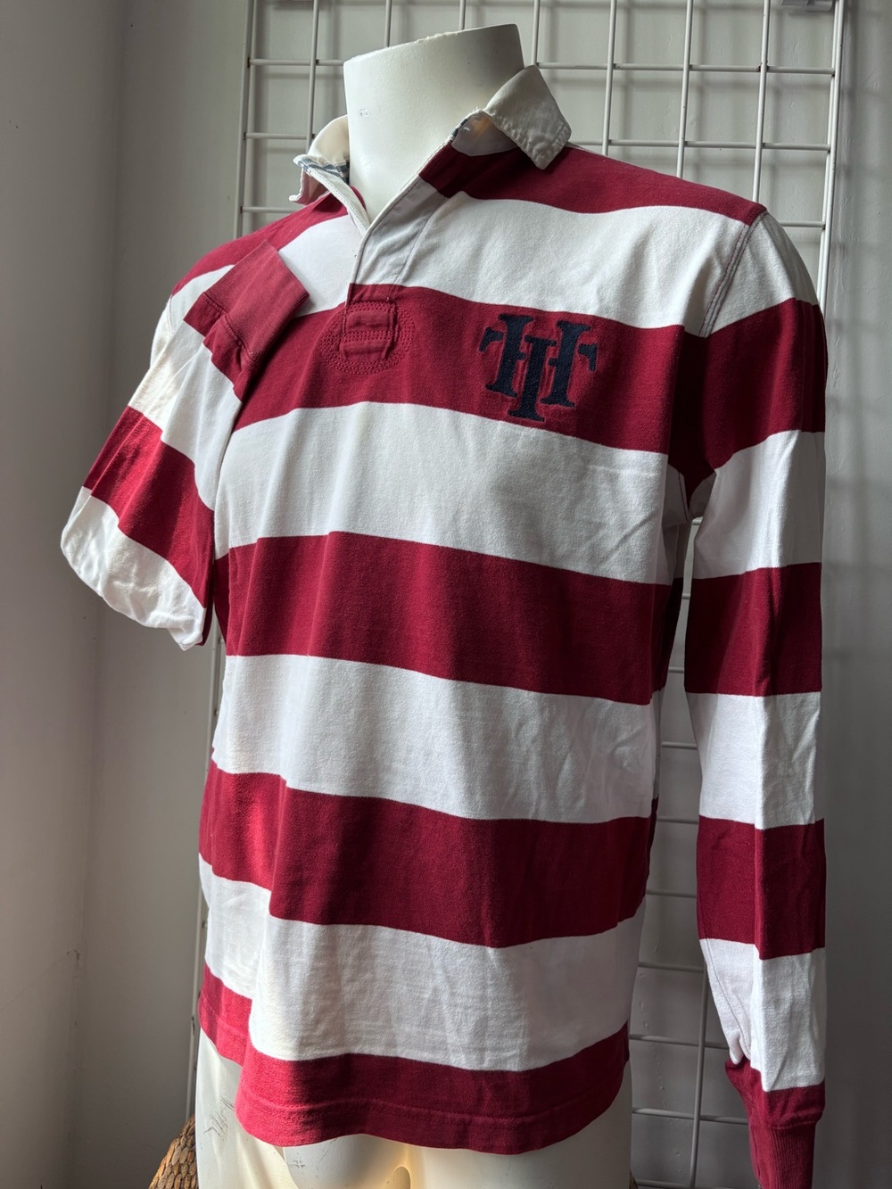Tommy Hilfiger Rugby Polo Shirt Stripe White Maroon Burgundy